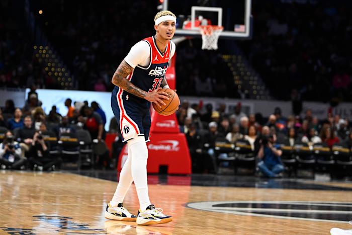 Washington Wizards forward Kyle Kuzma (33) looks on against the Atlanta Hawks during the second half at Capital One Arena. Mandatory Credit